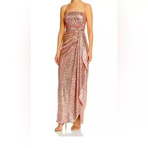 Strapless high-slit sequin rose gold gown